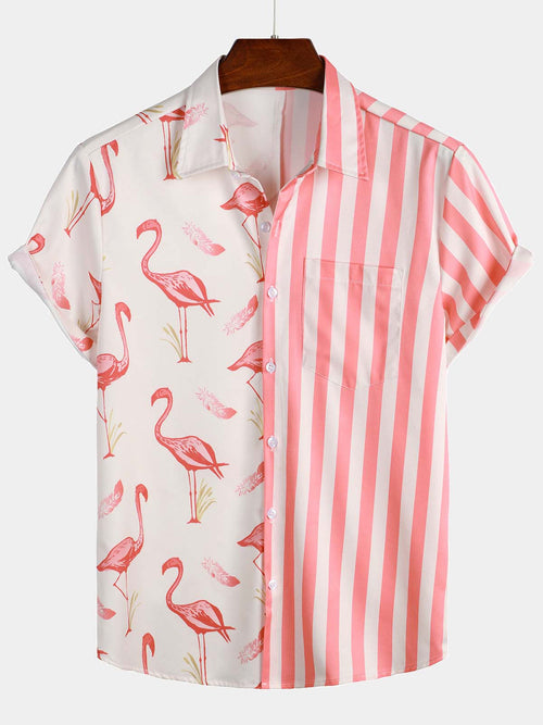 Men's Pink Flamingo & Striped Print Pocket Short Sleeve Shirt