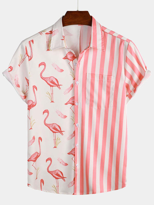 Men's Pink Flamingo & Striped Print Pocket Short Sleeve Shirt