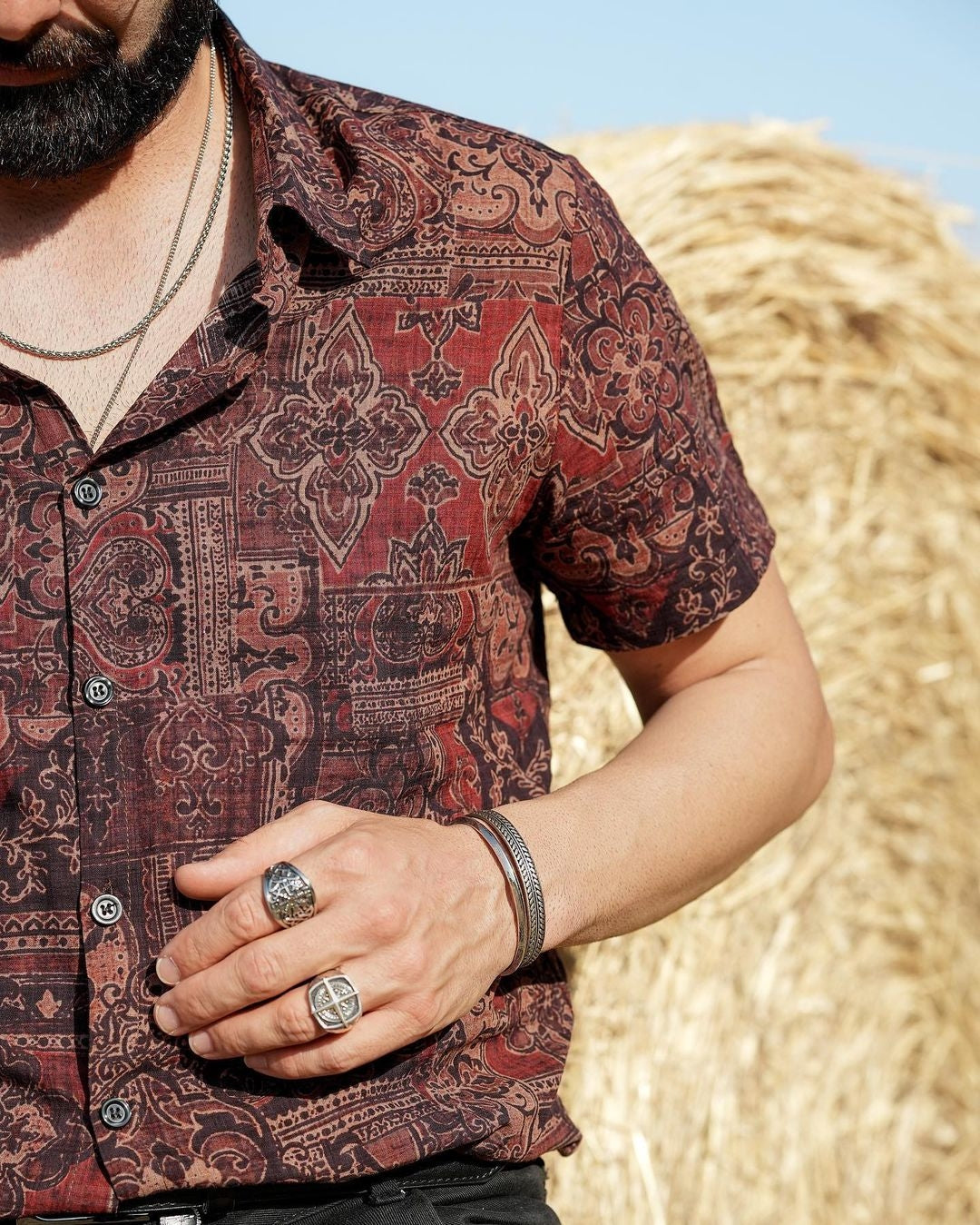 Men's Retro Paisley Floral Print Cotton Button Up Vintage Holiday Western Brown Short Sleeve Shirt