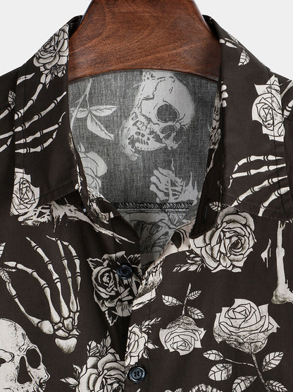Men's Skull Rose Floral Punk Rock and Roll Cool Button Up Shirt