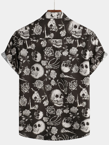 Men's Skull Rose Floral Punk Rock and Roll Cool Button Up Shirt