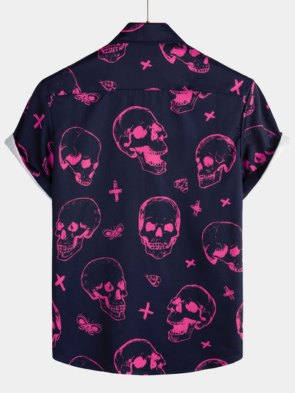 Men's Pink Skull Print Art Graphic Button Short Sleeve Aloha Hawaiian Shirt