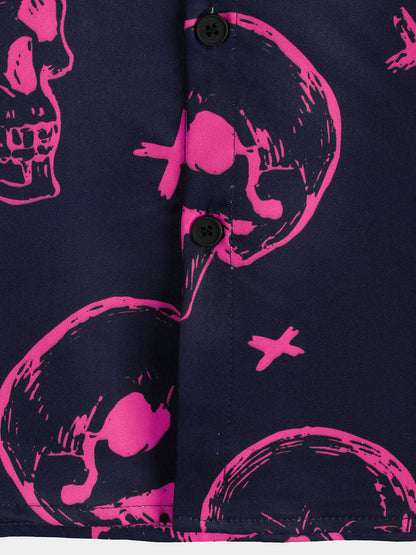 Men's Pink Skull Print Art Graphic Button Short Sleeve Aloha Hawaiian Shirt