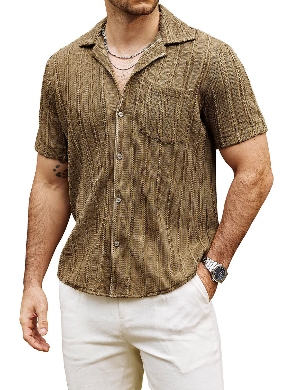 Men's Summer Lace Short Sleeve Casual Button Up Beach Shirt