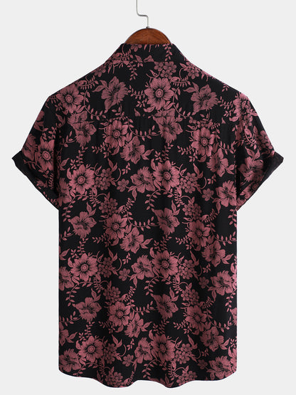 Men's Floral Print Vintage Flower Holiday Breathable Button Up Hawaiian Short Sleeve Shirt