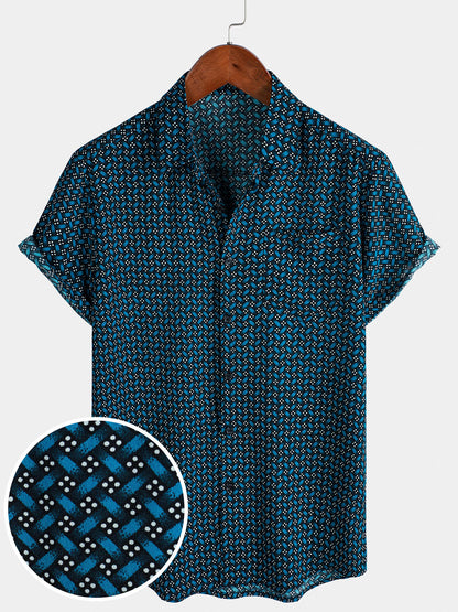 Men's Blue Casual Holiday Summer Short Sleeve Button Up Shirt