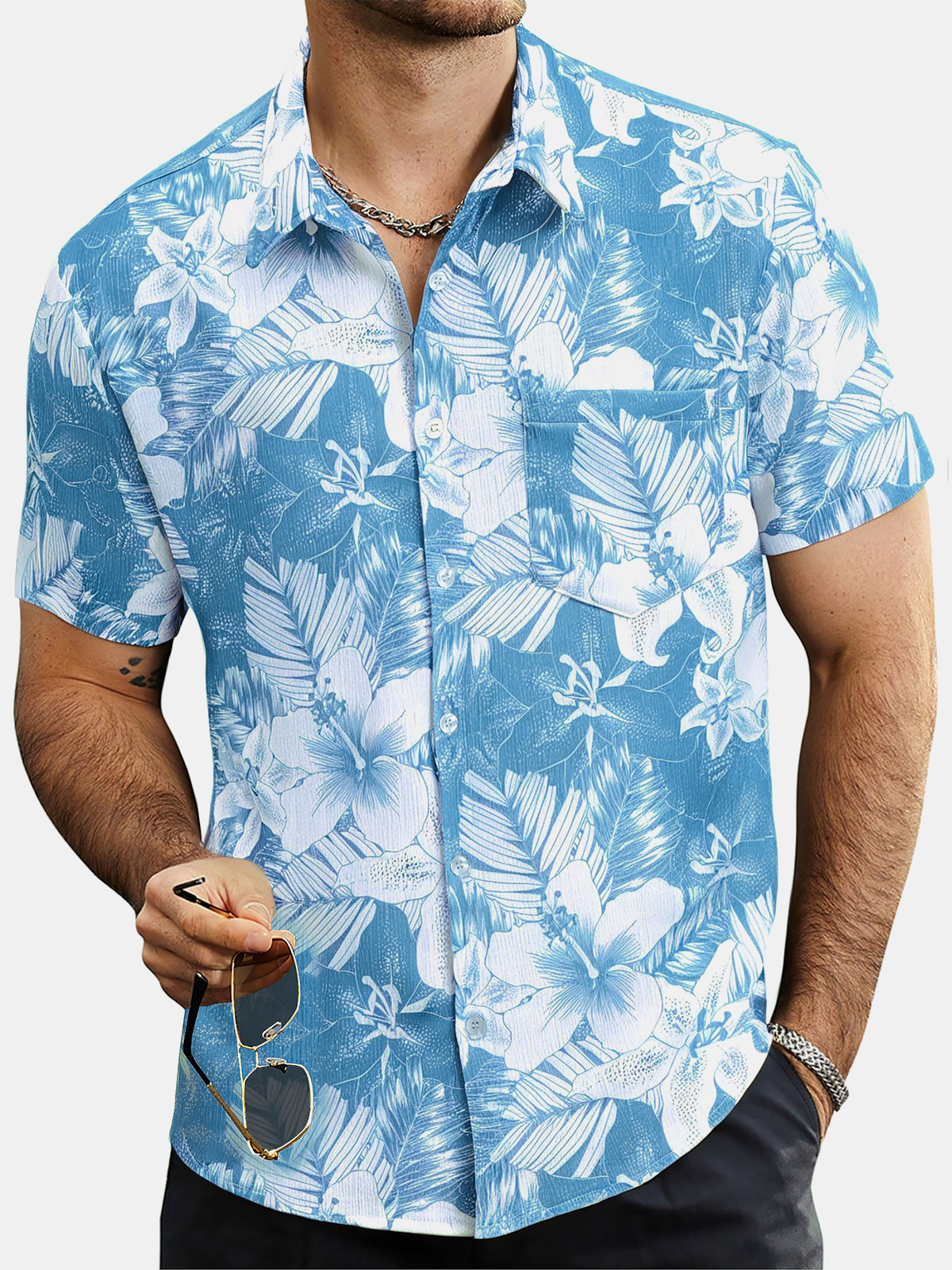 Men’s Blue Tropical Print Summer Beach Short Sleeve Shirt