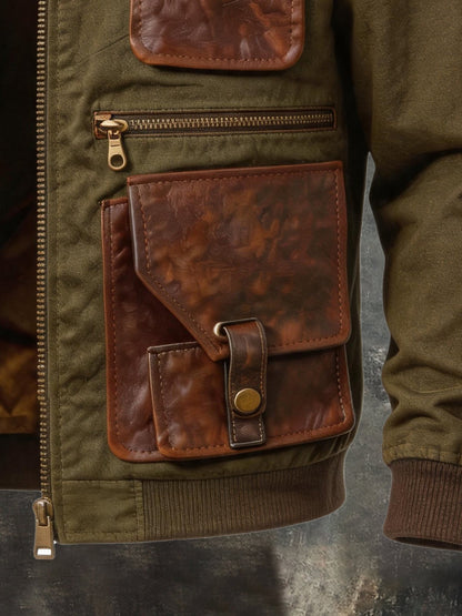 Men's Vintage Leather-Panel Multi-Pocket Outdoor Jacket