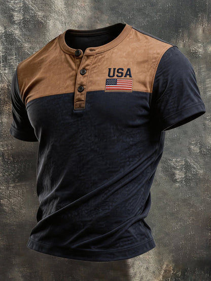 Men's Retro Patriotic Color-Block Short-Sleeve Henley Shirt
