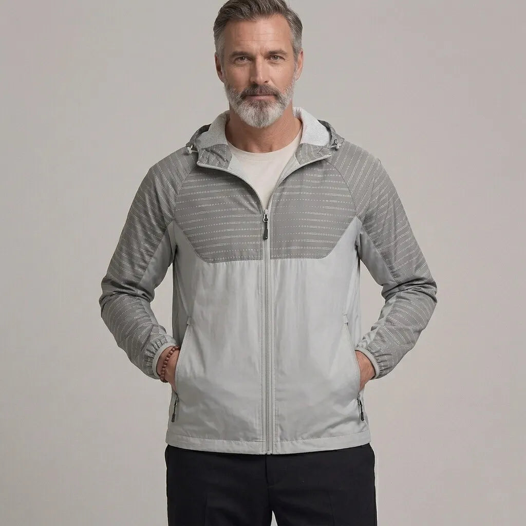 Men's Outdoor Stripe Pattern Zipper Slant Pocket Hooded Windproof Jacket