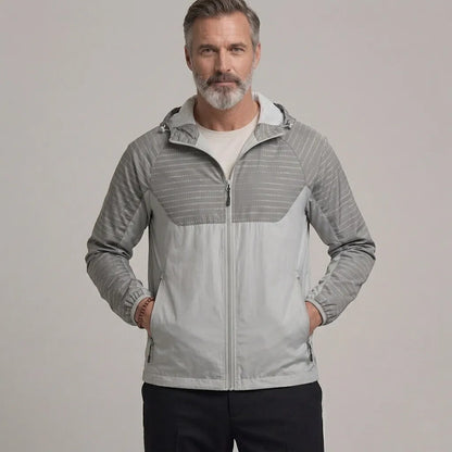 Men's Outdoor Stripe Pattern Zipper Slant Pocket Hooded Windproof Jacket