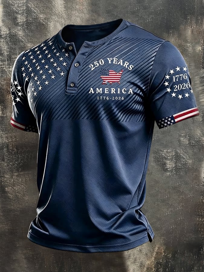 Men's Retro Patriotic Color-Block Short-Sleeve Henley Shirt