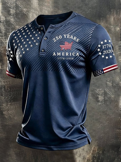 Men's Retro Patriotic Color-Block Short-Sleeve Henley Shirt