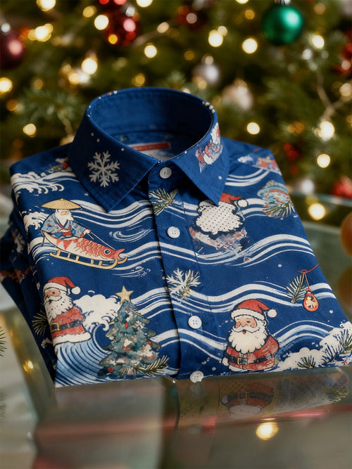 Men's  Christmas Ukiyo-E Long Sleeve Button-Down Shirt