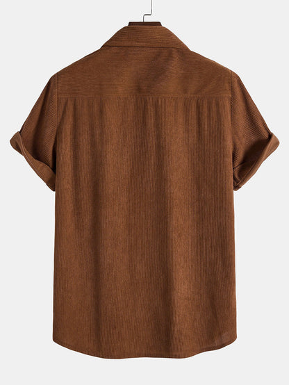 Short Sleeve Patch Pockets Corduroy Shirt