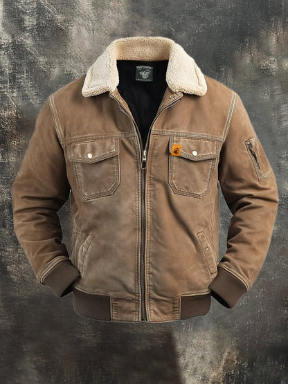 Men's Retro Classic Distressed Casual Fur Collar Pocket Jacket