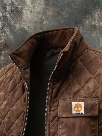 Men's Vintage-Style Distressed Diamond-Quilted Zip-Up Vest with a Stand Collar