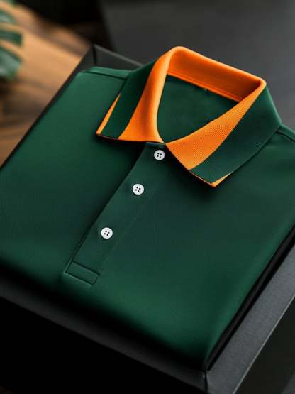 Men's Business Casual Striped Collar Button Short Sleeve Polo Shirt