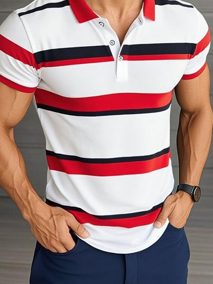 Men'S Casual Classic Striped Print Business Short-Sleeved Polo Shirt