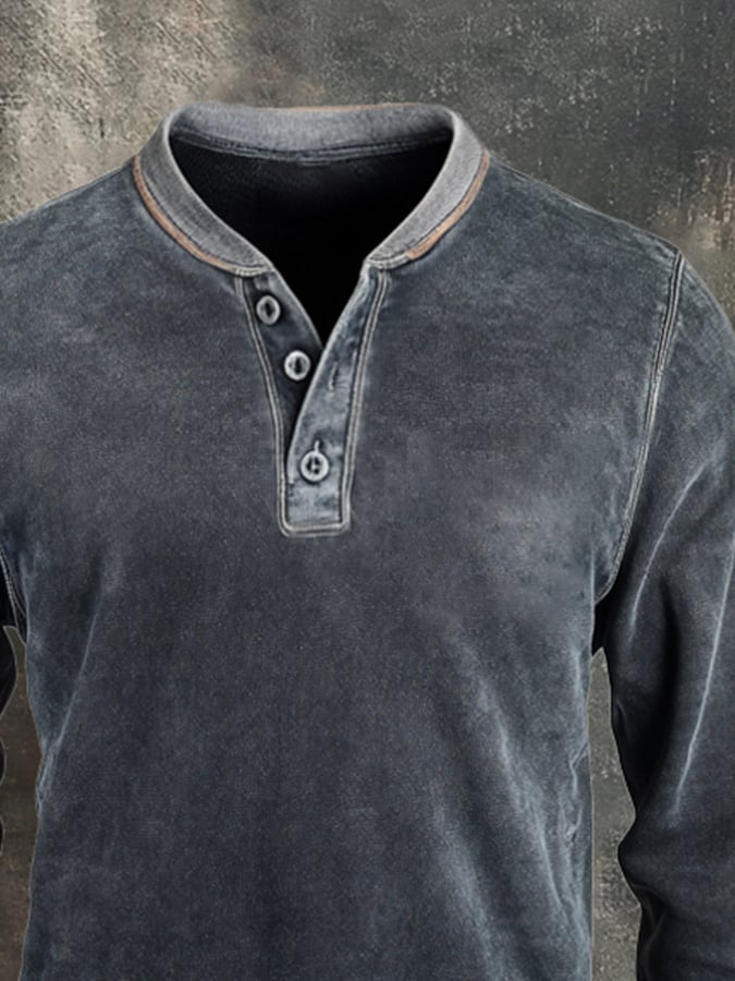 Men's Retro Stitching Contrast Color Henley Collar Casual Long Sleeve Sweatshirt