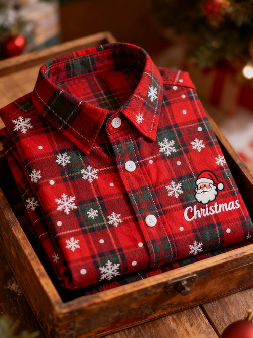 Men's Retro Christmas Plaid Pattern Long-Sleeved Shirt