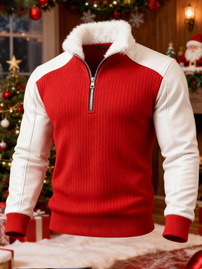 Men's Warm Knitted Leather Color-Blocked Christmas Hooded Sweatshirt