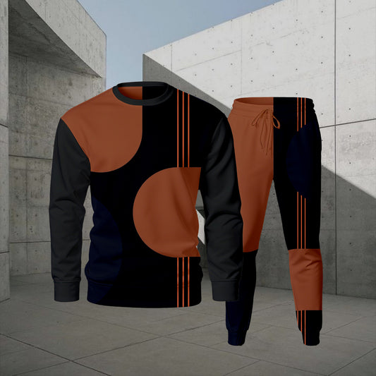 Men's Casual Color Matching Printed Round-Neck Long-Sleeve Sweatshirts Trousers Two-Piece Set