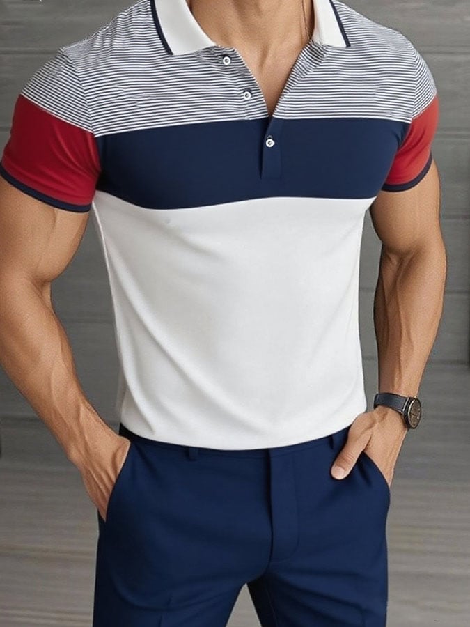 Men'S Casual Classic Contrast Color Business Short-Sleeved Polo Shirt