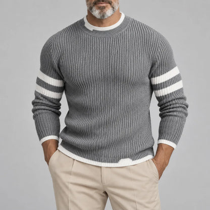 Men's Black Contrast Stripes Ribbed Knit Crew Neck Casual Pullover Sweater