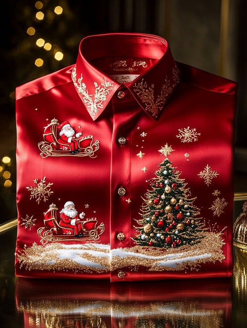 Men's Christmas Satin Luxe Long Sleeve Button Down Shirt