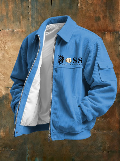 Men's Vintage Letter Design Printed Corduroy Casual Jacket