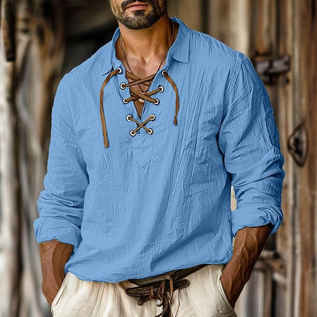 Men's Shirt Linen Shirt Viking Style Pirate Shirt Summer Shirt Beach Wear White Orange Green Light Blue Long-Sleeve Solid Color Collarless Street Daily Clothing Apparel