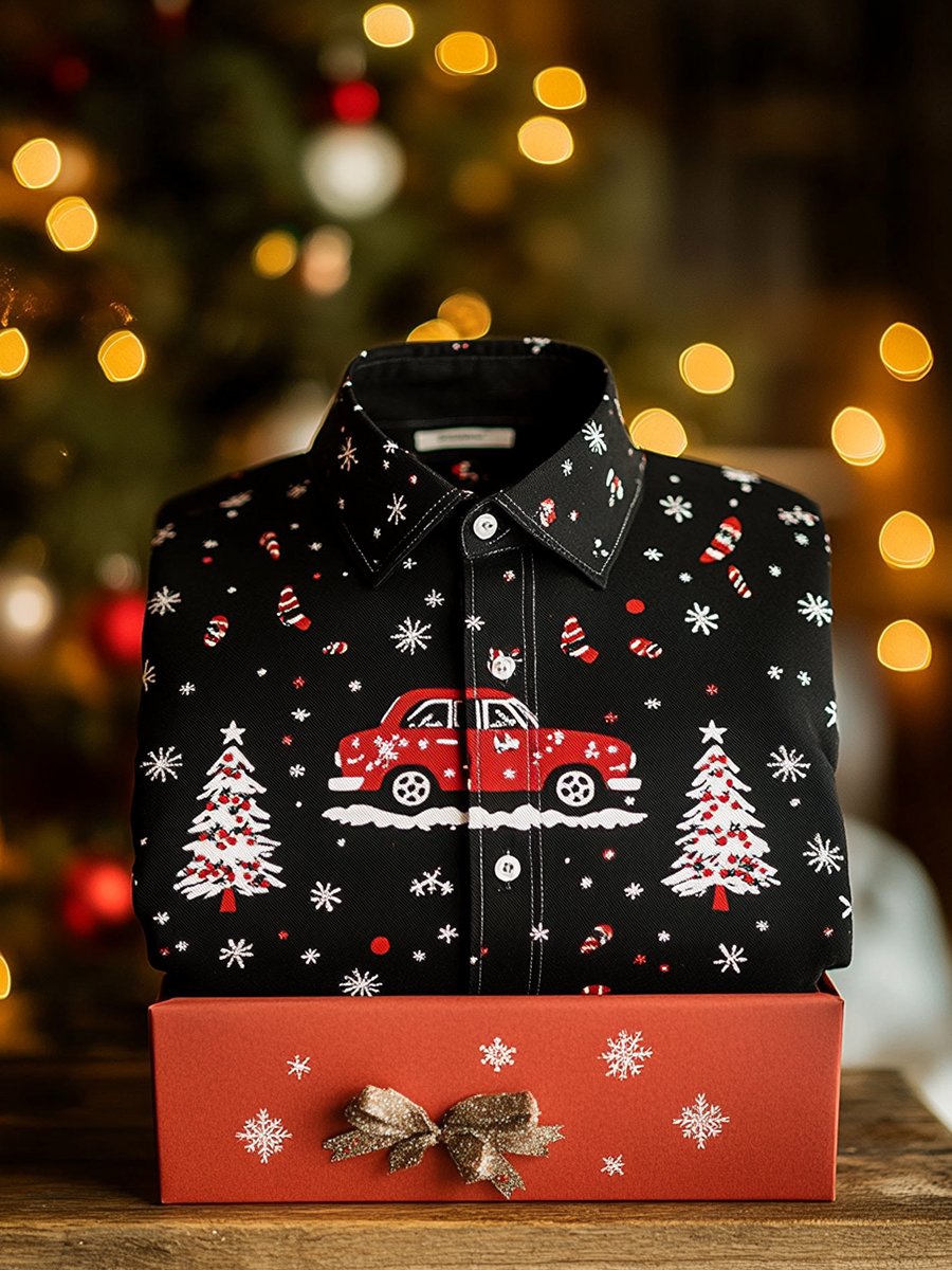 Men's Business Christmas Car and Christmas Tree Long Sleeve Shirt