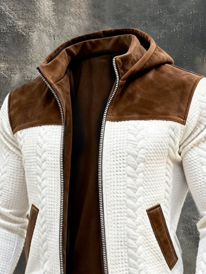 Men's Retro Textured Fabric & Suede Panel Multi-Pocket Outdoor Jacket