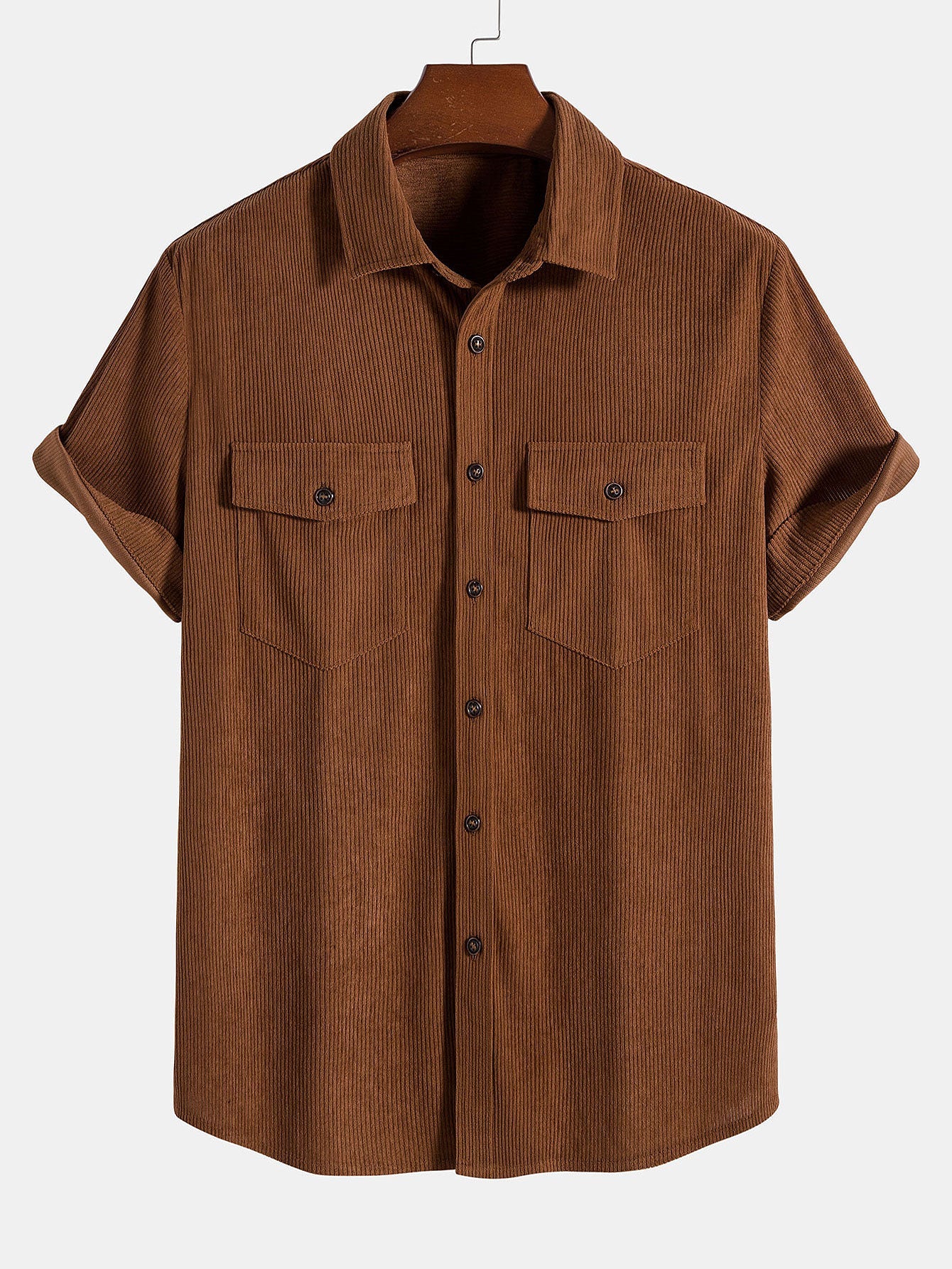 Short Sleeve Patch Pockets Corduroy Shirt
