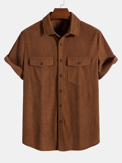 Short Sleeve Patch Pockets Corduroy Shirt