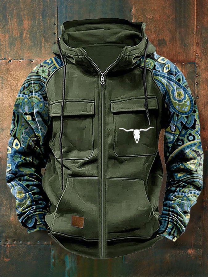 Men's Vintage Western Print Multi-Pocket Jacket