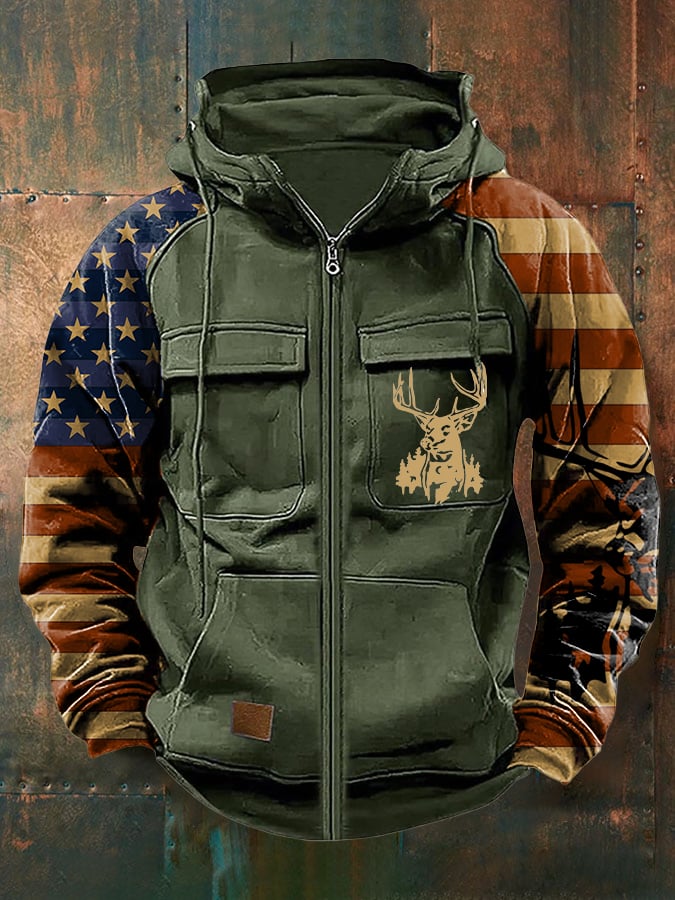 Men's Vintage Western Deer Print Multi-Pocket Jacket