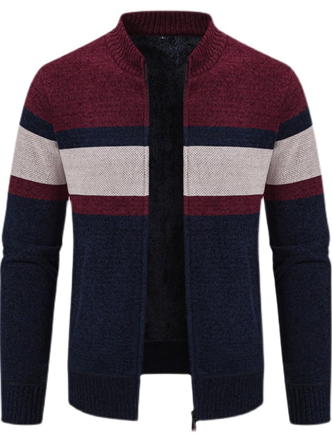 Men's Stylish Contrasting Color Design Velvet Warm Zipper Sweater Jacket