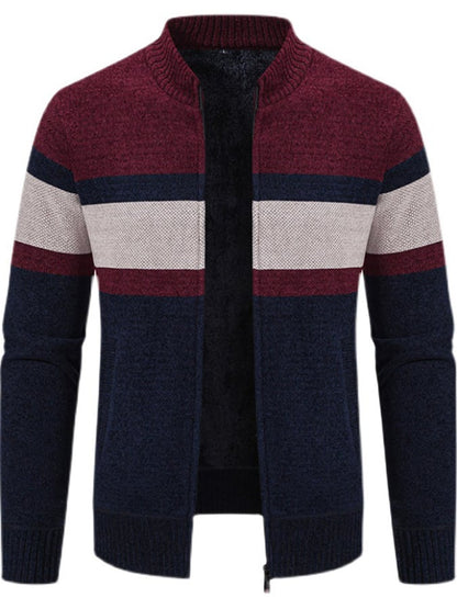 Men's Stylish Contrasting Color Design Velvet Warm Zipper Sweater Jacket
