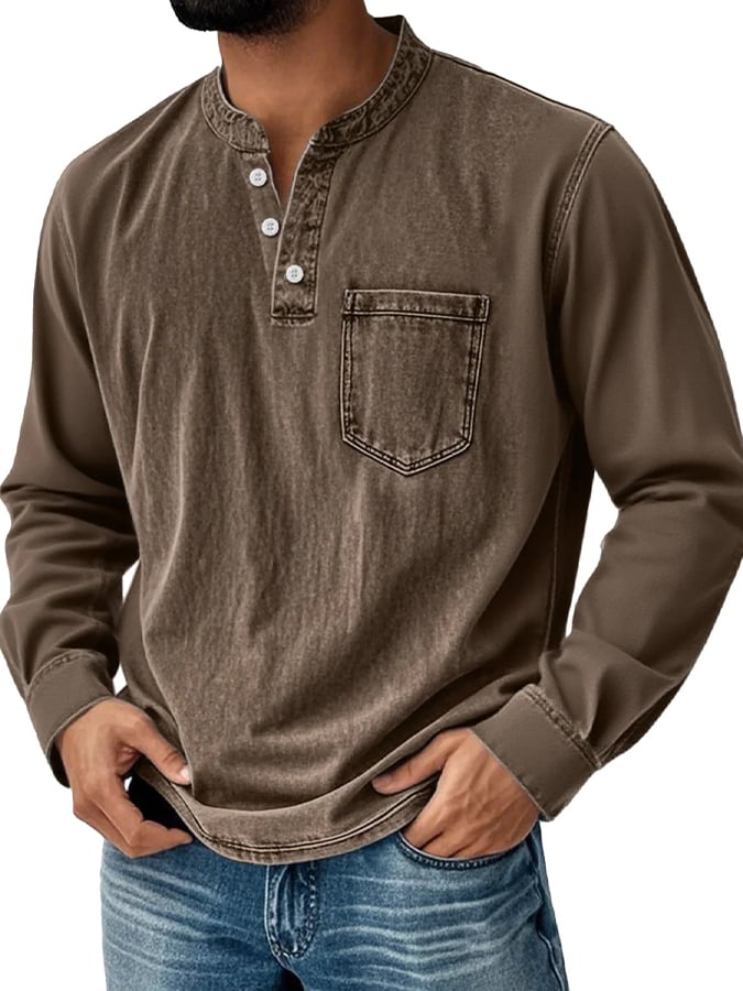 Men's Vintage Basic Distressed Long Sleeve Henley Shirt