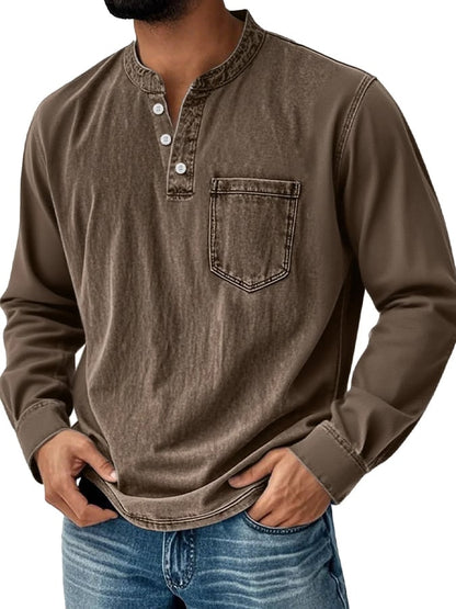 Men's Vintage Basic Distressed Long Sleeve Henley Shirt