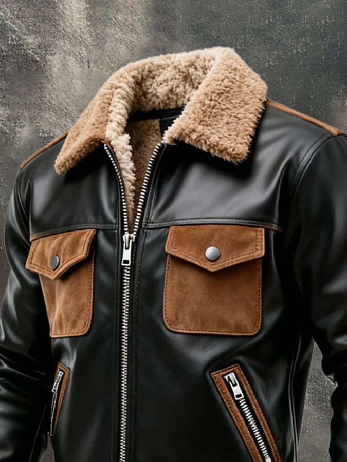 Men'S Warm Plush Collar Stitching Contrast Color Soft Leather Jacket