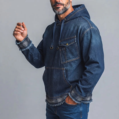 Men's Dark Blue Chest Pocket Frayed Hem Drawstring Pullover Denim Hoodie