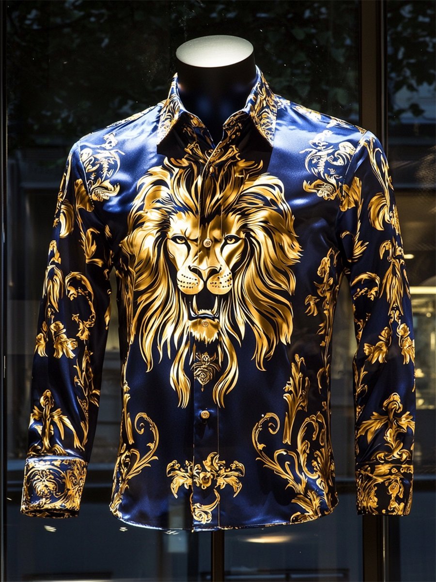 Men's Satin Luxe Lion Long Sleeve Button Down Shirt