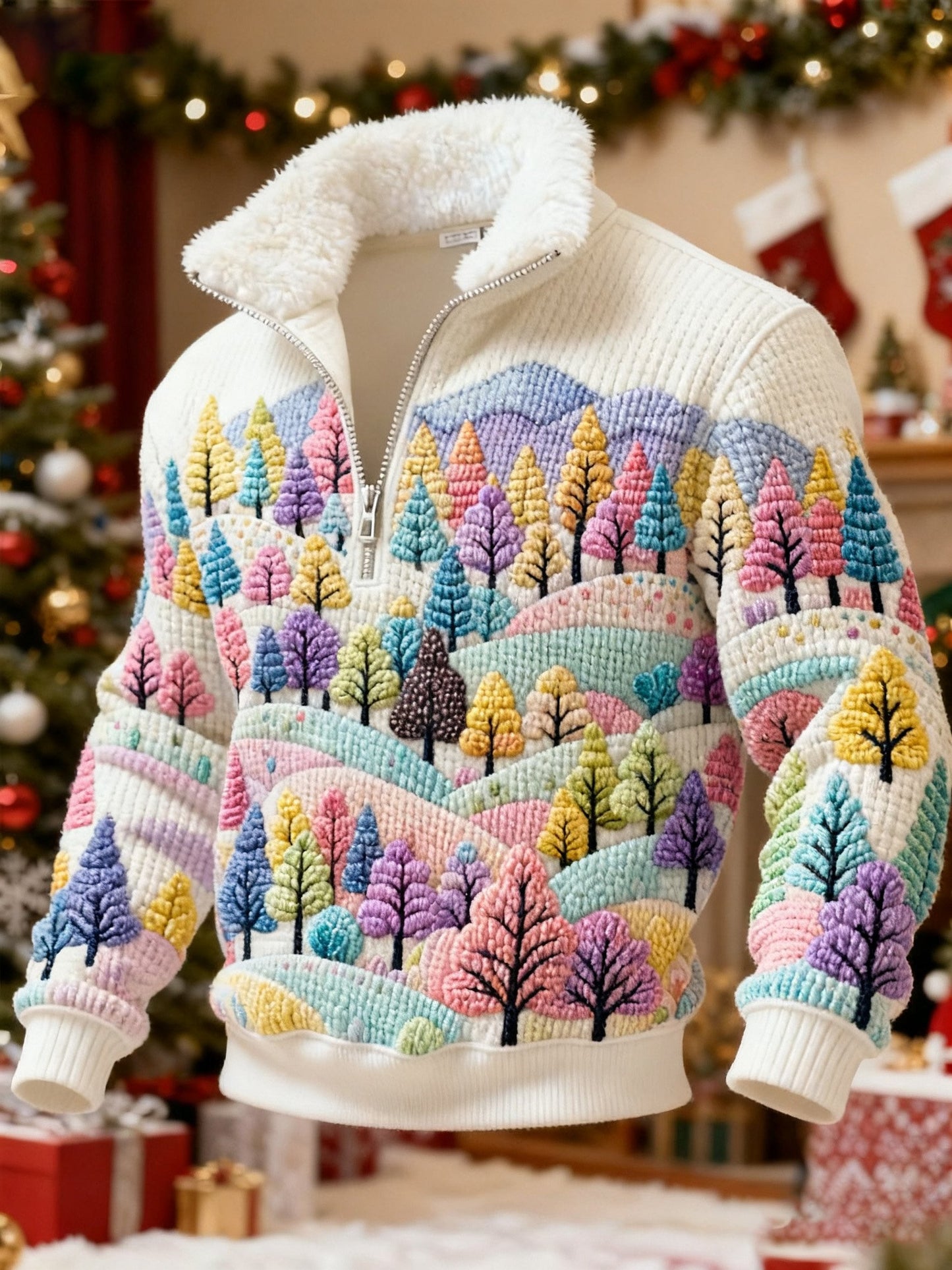 Men's Retro Color Block Print Christmas Fur Collar Sweatshirt