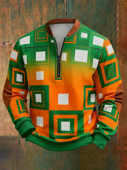 Men's Retro Bauhaus Geometric Style Print Quarter Zip Sweatshirt