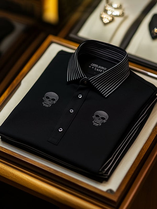 Men's Business Casual Skull Print Button-Down Polo Shirt