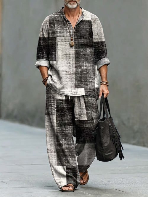 Men's Retro Geometric Patchwork Art Print Cotton Shirt Set
