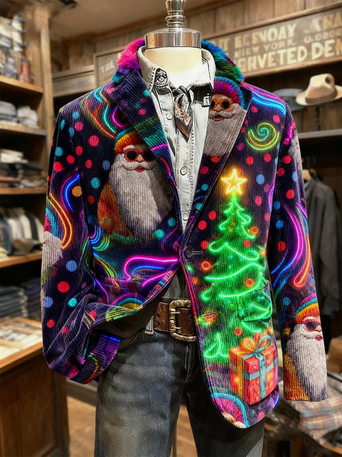 Men's Vintage Christmas Tree Polka Dots Santa Print Casual Jacket